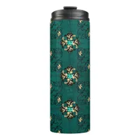 Vintage Grunge Teal and Gold Peacock themed Damask Thermal Tumbler