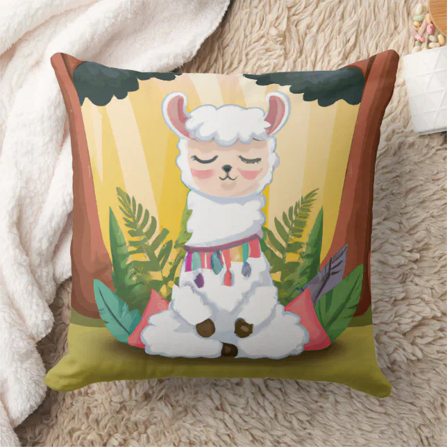 Cute Llama Meditating in Magical Forest Throw Pillow