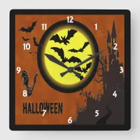 Haunted Castle, Bats and Yellow Moon Square Wall Clock