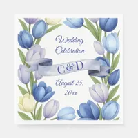 Elegant Watercolor Tulip Wreath Wedding Blue Ivory Napkins