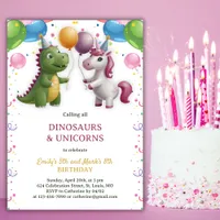 Dinosaur Unicorn Boy Girl Joint Sibling Birthday Invitation