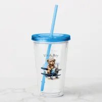 Teddy Bear Airplane Watercolor It's A Boy Acrylic Tumbler
