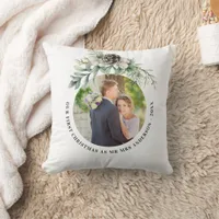 1st christmas newlyweds photo white green throw pillow