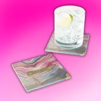 Modern Blue Gold Pink Agate Geode Monogram |  Glass Coaster