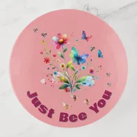 Simple Floral Watercolor Monogram Bee on pink  Trinket Tray