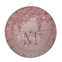 Girly Rose Gold Dripping Glitter Monogram Dart Board