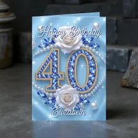 Elegant Blue Jewels and Pearls 40th Birthday Card