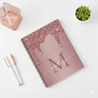 Chic Rose Gold Sparkle Glitter Drips Monogram Notebook