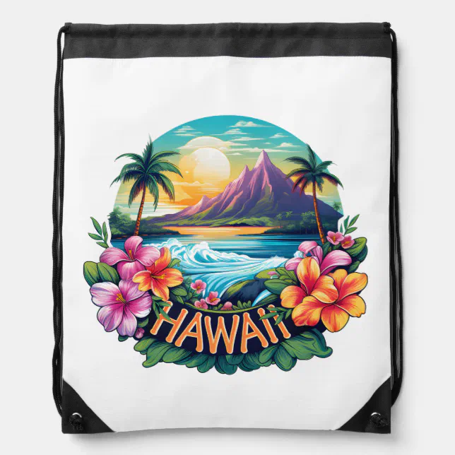 Hawaii Aloha Tropical Beach Mountains Travel White Drawstring Bag