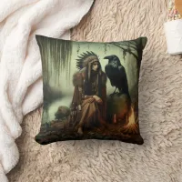 Native American Woman Sitting by River With Raven Throw Pillow