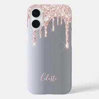 Silver glitter drip rose gold pink name iPhone 16 case