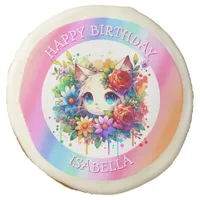 Cute Rainbow Anime Cat Pesronalized Birthday  Sugar Cookie