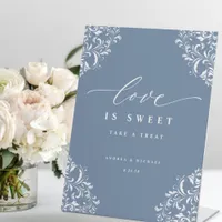 Elegant Dusty Blue Wedding Love is Sweet Pedestal Sign