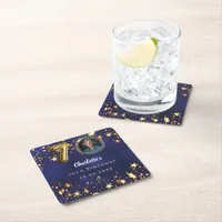 70th birthday navy blue gold stars photo square paper coaster