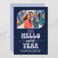 Midnight Frost Hello New Year Blue Retro Photo Holiday Card