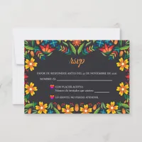 Black Floral Colorful Botanical Spanish Wedding RSVP Card