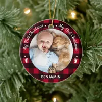 My First Christmas Red Buffalo Plaid Baby Photo Ce Ceramic Ornament