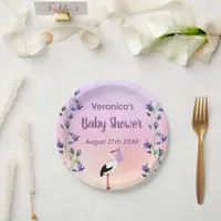 Pink purple florals stork name girl Baby Shower Paper Plates