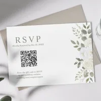 Ivory And Sage QR Code Floral Wedding RSVP Card