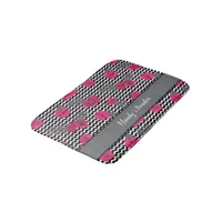 Tropical Pink Flower on Black White Chevron Stripe Bath Mat