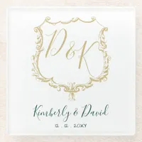 Monogrammed Gold Crest and Forest Green Wedding Glass Coaster