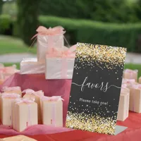 Black gold confetti guest favors pedestal sign