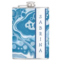 Personalized Blue Digital Fluid Art Marble   Flask