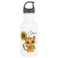 Personalized Cute Kawaii Cat Holding Flower   Stainless Steel Water Bottle