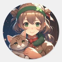 Cute Anime Girl Holding a Kitten Christmas Classic Round Sticker
