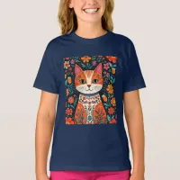 Whimsical Folk Art Cat and Flowers T-Shirt