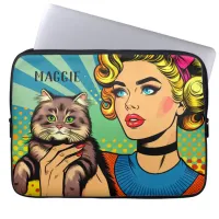 Retro Lady and Cat Personalized Laptop Sleeve