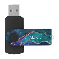 Blue Purple Aqua Gold Veins Agate Monogram Flash Drive