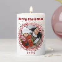 Red white glitter family photo pillar candle