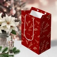 Elegant Red and Gold Foil Botanical Pattern Medium Gift Bag