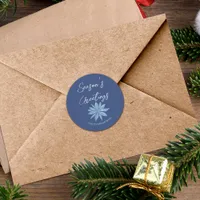 Minimal Poinsettia Blue Merry Christmas Envelope Classic Round Sticker