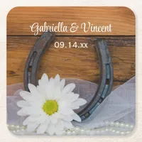 White Daisy and Horseshoe Country Western Wedding Square Paper Coaster