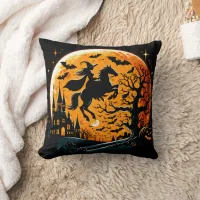 Witch riding a horse against a Halloween moon Throw Pillow