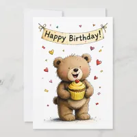 Cute Whimsical Teddy Bear Happy Birthday Flat Card