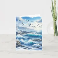 Serene Winter Watercolor Coastal Seascape Blank Note Card