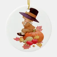 Vintage Pilgrim Boy Praying on Pumpkin Ceramic Ornament