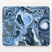 Blue, Gold and White Fluid Art Swirls Marble like Mouse Pad