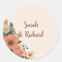 Elegant Beige Round Floral Wedding Envelope Sealer Classic Round Sticker