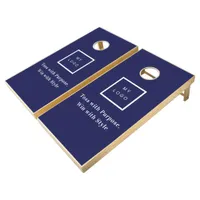 Business logo navy blue white text quote cornhole set