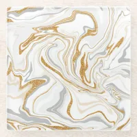 White, Gold and Gray Marble Like Swirls Fluid Art Glass Coaster
