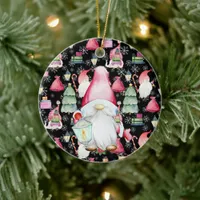 Christmas Santa Gnome & Black Pattern Name & Date Ceramic Ornament