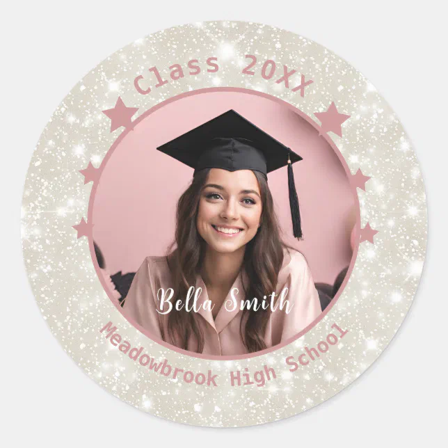 Modern Glitter Photo Graduation  Classic Round Sticker