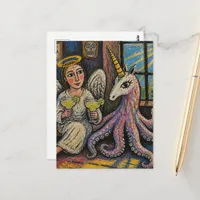 angel with margaritas and octopus unicorn fantasy postcard