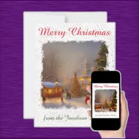 Nostalgic Merry Christmas Trees Village Square Holiday Card