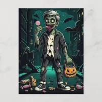 A Zombie Eating Halloween Candy Postcard