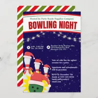 Holiday Bowling Night Santa Hats Blue Background Invitation